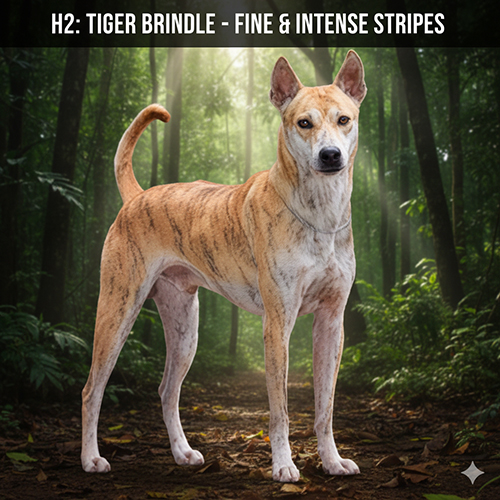 Chó Phú Quốc vện hổ đứng trong rừng, hoa văn vện sọc nhỏ – dày – chuyển sắc mịn trên nền vàng nhạt.