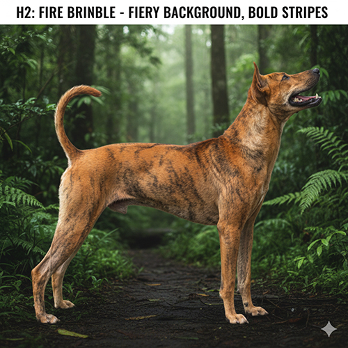 Chó Phú Quốc vện lửa đứng trong rừng, nền lông vàng lửa – cam cháy với các sọc đậm nổi bật.