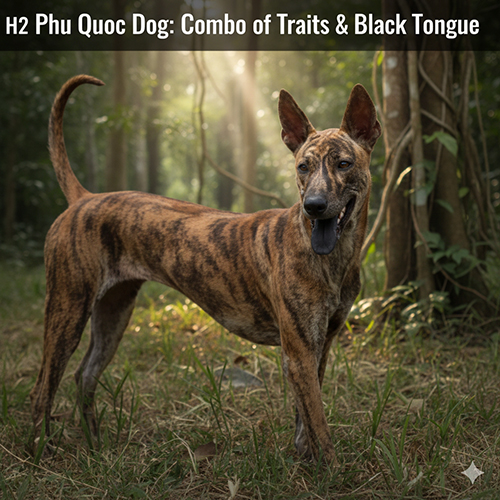 Chó Phú Quốc vện đứng giữa rừng, dáng săn chắc, xoáy lưng rõ và lưỡi mang sắc tố đen