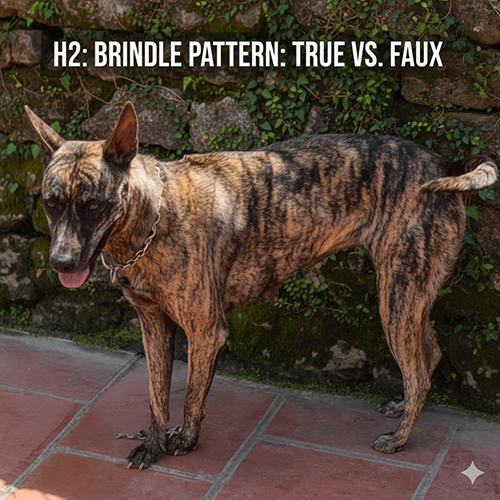 Chó Phú Quốc vện đứng nghiêng bên tường đá, lộ rõ hoa văn vện để so sánh vệt vện thật và vện giả.