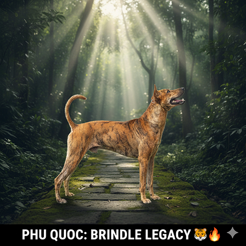 Chó Phú Quốc vện cọp đứng trên lối đá trong rừng, khoe bộ lông vện nổi bật và dáng thể thao