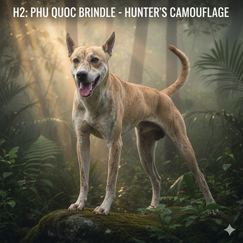 Chó Phú Quốc vện đứng giữa rừng, nền vàng pha vện nhẹ tạo vẻ ngụy trang tự nhiên.