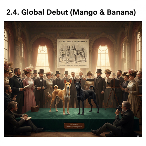 Tranh minh họa hai chó Phú Quốc Xoài và Chuối xuất hiện tại triển lãm chó Antwerpen cuối thế kỷ 19