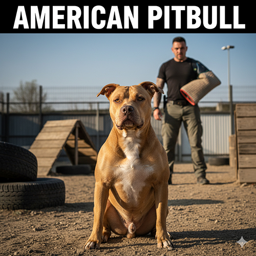Chó Pitbull Mỹ – chú chó cơ bắp ngồi trên sân huấn luyện, phía sau là người huấn luyện viên cầm găng tay bảo hộ.