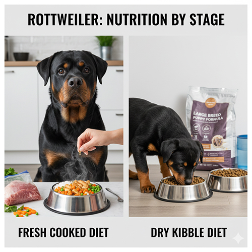chó rottweiler ăn gì theo từng giai đoạn với thức ăn hạt và thức ăn tươi