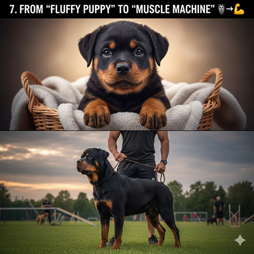 Chó Rottweiler con dễ thương và Rottweiler trưởng thành cơ bắp mạnh mẽ