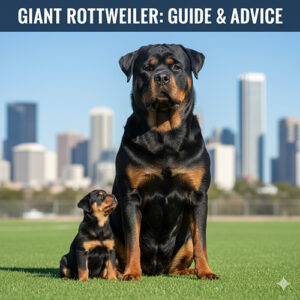 Chó Rottweiler dòng đại trưởng thành bên cạnh Rottweiler con, thể hiện sự khác biệt kích thước và khung xương