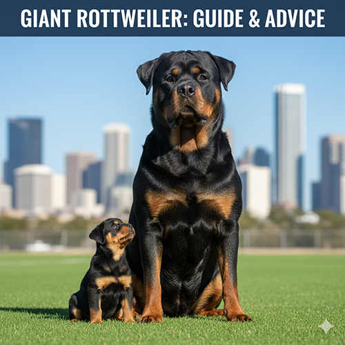 Chó Rottweiler dòng đại trưởng thành bên cạnh Rottweiler con, thể hiện sự khác biệt kích thước và khung xương