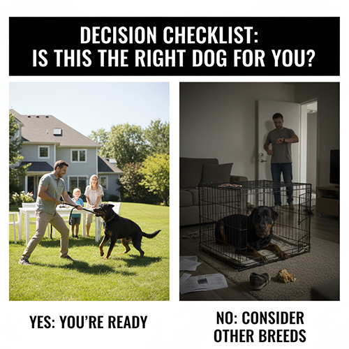 So sánh hai tình huống nuôi chó Rottweiler lai Becgie: một bên được vận động, dạy dỗ tốt; một bên bị nhốt và thiếu tương tác.