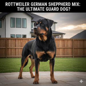 Chó Rottweiler lai Becgie đứng cảnh giác trong sân nhà, thân hình lực lưỡng và mạnh mẽ.