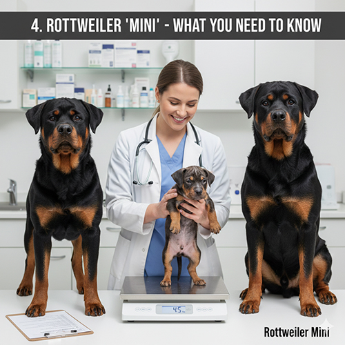 Chó Rottweiler con được bác sĩ thú y kiểm tra cân nặng và sức khỏe, minh họa khái niệm Rottweiler mini