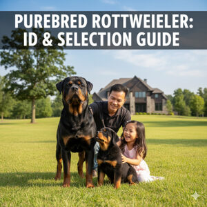 Ảnh đại diện chó Rottweiler thuần chủng cùng gia đình trên bãi cỏ – hướng dẫn nhận biết và chọn giống chuẩn.