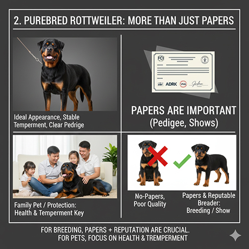 Infographic giải thích khái niệm chó Rottweiler thuần chủng: ngoại hình chuẩn, tính cách ổn định và vai trò của giấy tờ phả hệ.