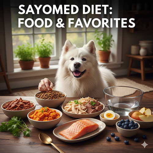 Chó Samoyed ngồi trước bàn ăn với các loại thực phẩm lành mạnh như cá hồi, thịt gà, trứng, rau củ và hạt khô
