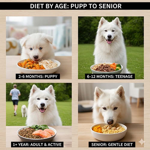 Chó Samoyed ăn uống theo từng giai đoạn tuổi từ cún con thiếu niên trưởng thành đến già với khẩu phần phù hợp