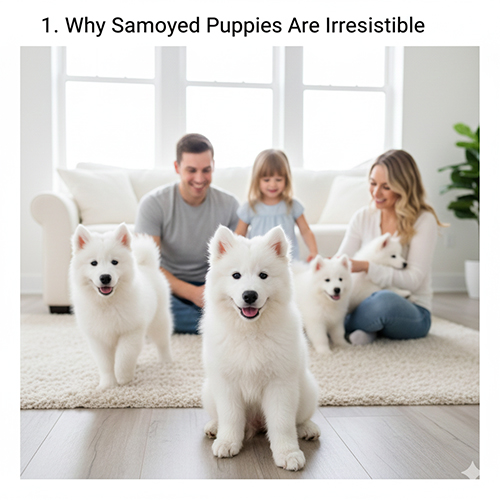 Chó Samoyed nhỏ và gia đình chơi đùa trong nhà, thể hiện sự đáng yêu đặc trưng của Samoyed con