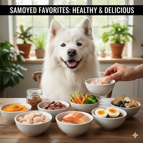 Chó Samoyed vui vẻ trước bàn ăn với thịt gà cá hồi trứng rau củ và trái cây an toàn cho chó