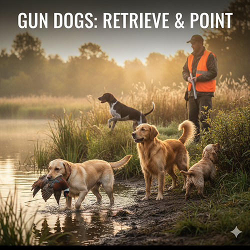 Ảnh nhóm chó săn chim gun dogs đang nhặt và chỉ điểm mồi bên hồ nước, gồm Labrador, Golden và Pointer