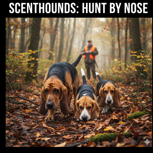 Ảnh chó săn đánh hơi scenthounds đang lần dấu vết trong rừng, minh họa nhóm săn bằng mùi