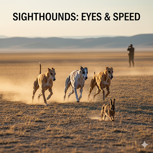 Ảnh chó săn đuổi sighthounds rượt theo con mồi trên đồng cỏ, minh họa nhóm chó săn bằng mắt và tốc độ