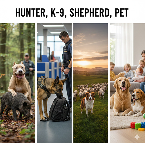 Ảnh minh họa sự khác nhau giữa chó săn, chó nghiệp vụ K-9, chó chăn cừu và chó cảnh trong bài viết giải thích nhóm chó săn