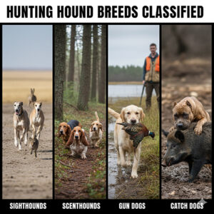 Ảnh minh họa các nhóm chó săn: chó săn bằng mắt, chó săn bằng mùi, chó săn chim và chó bắt giữ trong bài viết về chó săn tại Việt Nam