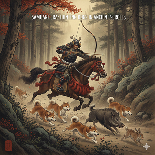 Hình minh họa chó săn thời Samurai chạy theo võ sĩ cưỡi ngựa trong rừng núi