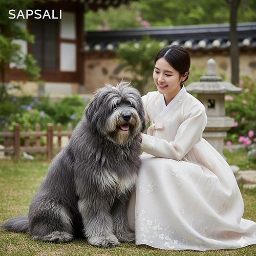 Chó Sapsali Hàn Quốc lông dài dày đang ngồi cạnh cô gái mặc hanbok trong khu vườn truyền thống, thể hiện nét văn hóa cổ truyền của Hàn Quốc