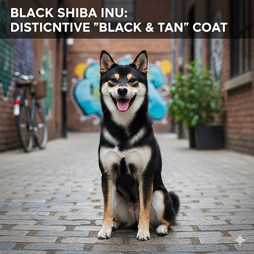 Hình chó Shiba Inu màu đen phối tan ngồi giữa con hẻm, lông đen nổi bật với các mảng nâu và trắng đặc trưng
