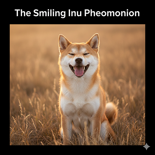 Chó Shiba Inu nở nụ cười tươi khi ngồi giữa đồng cỏ, biểu cảm vui vẻ đặc trưng