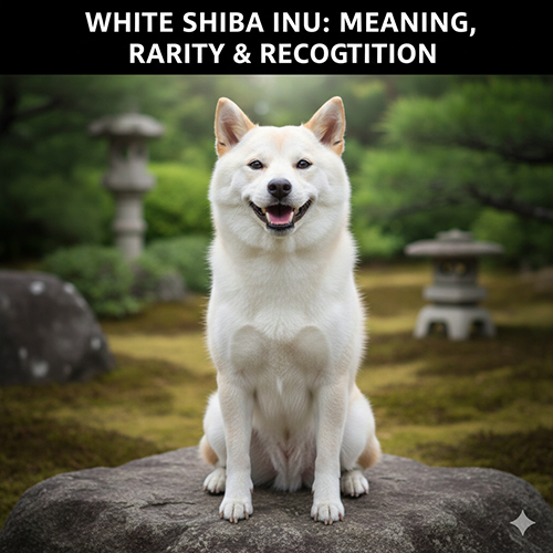 Hình chó Shiba Inu màu trắng ngồi trên phiến đá trong khu vườn Nhật Bản, nhìn thẳng vào ống kính