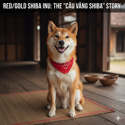 Hình chó Shiba Inu màu vàng/đỏ ngồi trong căn nhà gỗ Nhật Bản, đeo khăn đỏ và nhìn thẳng vào ống kính