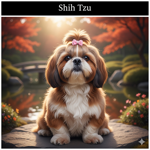 Chó Shih Tzu lông dài màu nâu trắng cột nơ hồng ngồi trong vườn Nhật giữa khung cảnh hoàng hôn