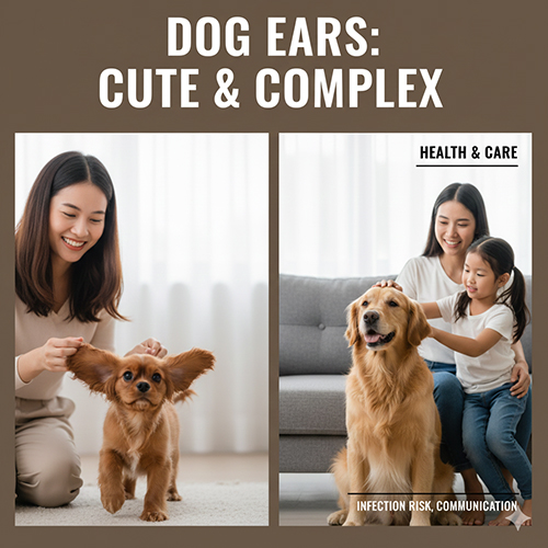 Hình ảnh chó tai dài và chó tai cụp được vuốt ve, minh họa sự dễ thương và các yếu tố liên quan đến sức khỏe tai