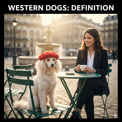 Chó Tây là gì – Hình ảnh minh họa khái niệm “chó Tây” với chú chó Poodle đội mũ đỏ ngồi cạnh người phụ nữ châu Âu trong quán cà phê ngoài trời.