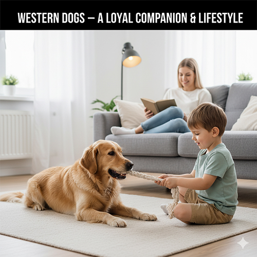 Chó Tây là gì? Top các giống chó Tây phổ biến và dễ nuôi tại Việt Nam – Hình ảnh chú chó Golden Retriever chơi cùng bé trai trong phòng khách, thể hiện tình bạn giữa người và thú cưng.