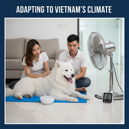 Chó Tây và khả năng thích nghi với khí hậu Việt Nam – Cặp đôi chăm sóc chú chó Samoyed trắng bằng quạt làm mát trong phòng khách có nhiệt kế hiển thị 32°C.