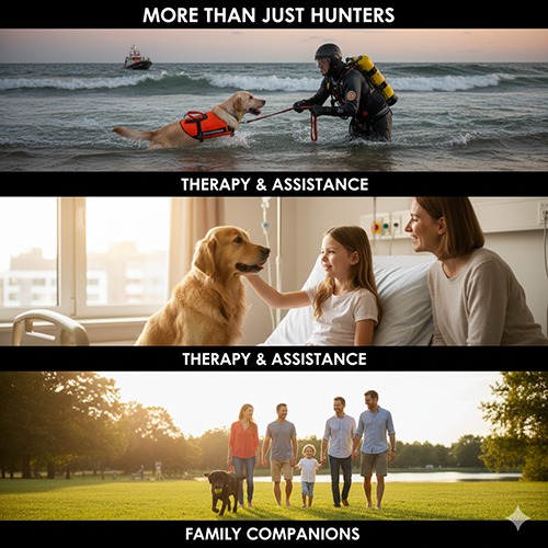 Retriever làm cứu hộ nước, chó trị liệu trong bệnh viện và chó đồng hành đi dạo cùng gia đình