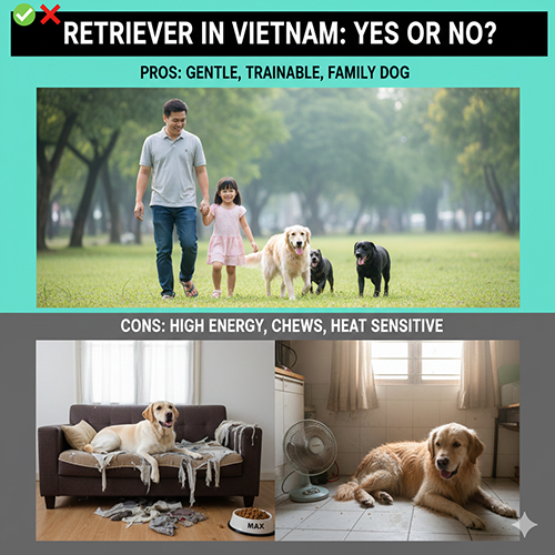 Infographic về Retriever ở Việt Nam: ưu điểm thân thiện dễ huấn luyện và nhược điểm năng lượng cao dễ nhai phá nhạy nóng