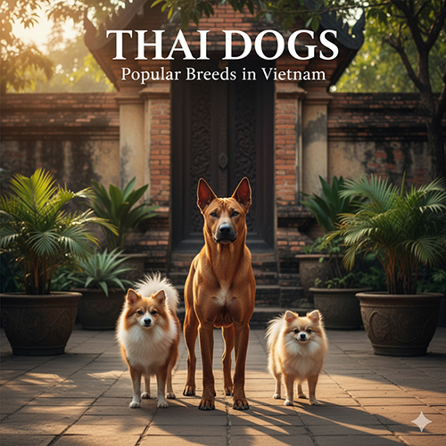 Ba chú chó giống Thái Lan đứng trong sân chùa cổ, tượng trưng cho các giống chó Thái phổ biến tại Việt Nam