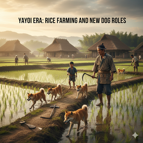 Hình minh họa chó thời Yayoi đồng hành cùng người Nhật cổ trong ruộng lúa