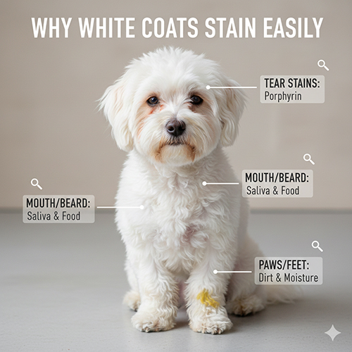 Chó lông trắng bị ố quanh mắt, miệng và bàn chân do nước mắt, ẩm bẩn và porphyrin