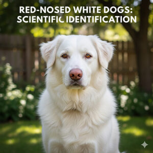 Chộ chó màu trắng mũi đỏ đứng trong vườn, góc chụp rõ nét để minh họa khái niệm albinism – leucism và phân biệt snow nose