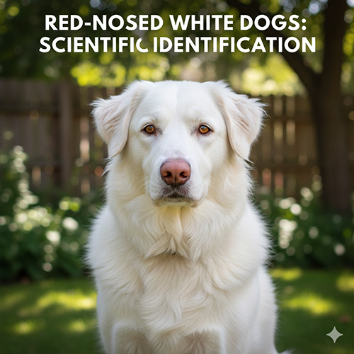 Chộ chó màu trắng mũi đỏ đứng trong vườn, góc chụp rõ nét để minh họa khái niệm albinism – leucism và phân biệt snow nose