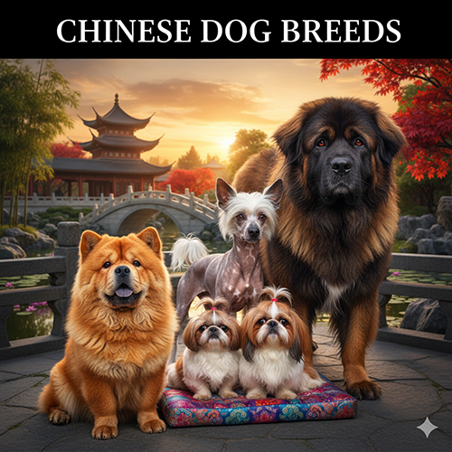 Các giống chó Trung Quốc nổi bật như Chow Chow, Shih Tzu, Chinese Crested, Tibetan Mastiff trong khung cảnh vườn chùa Trung Hoa
