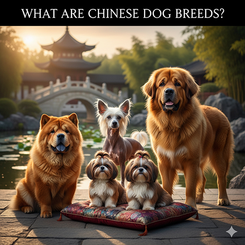 Các giống chó Trung Quốc tiêu biểu như Chow Chow, Shih Tzu, Chinese Crested, Tibetan Mastiff trong khung cảnh truyền thống Trung Hoa