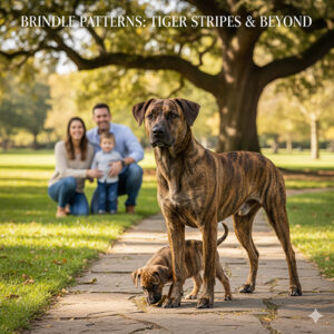 Chó vện (Brindle) đứng trên lối đi công viên, vằn hổ rõ nét, hậu cảnh gia đình mờ nhẹ