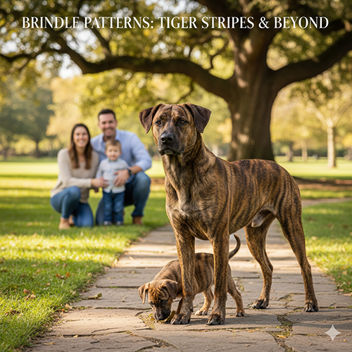 Chó vện (Brindle) đứng trên lối đi công viên, vằn hổ rõ nét, hậu cảnh gia đình mờ nhẹ