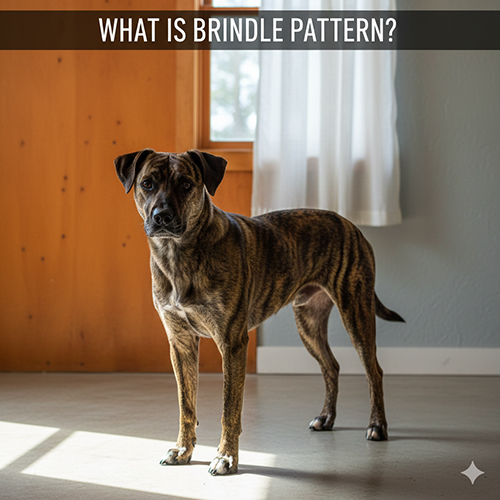 Chó vện (brindle) đứng trong nhà cạnh cửa sổ, vân sọc sẫm phủ trên nền lông ấm