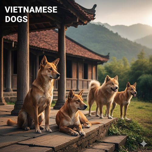 Chó Việt Nam – di sản bản địa trung thành và đáng tự hào, hình ảnh đàn chó đứng và nằm trước ngôi nhà gỗ cổ truyền trong khung cảnh núi rừng